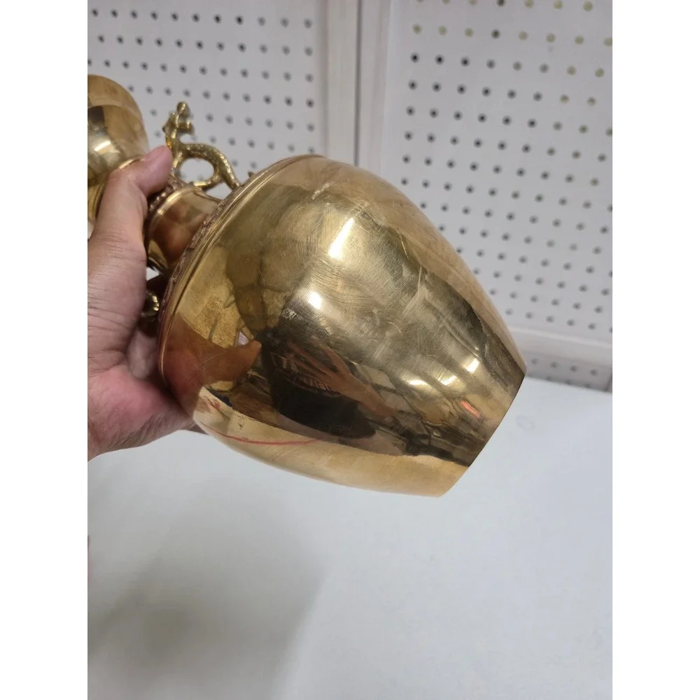 Vintage Brass Dragon Handle Etched Vase Chinoiserie Gold Decor 9.75in